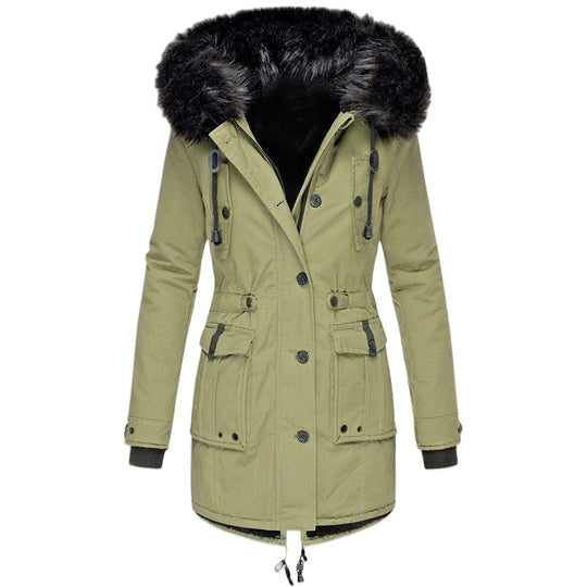 Damen Gefütterter Parka mit Kapuze und abnehmbarem Kunstpelzbesatz, taillierter Wintermantel Shop Nory