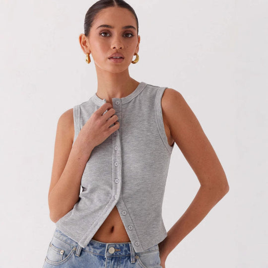 Damen Ärmelloses Knopfoberteil mit Rippstruktur Shopnory
