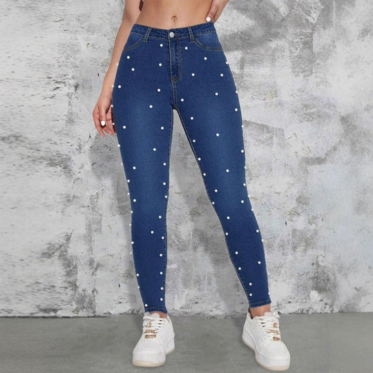 Damen hochtaillierte Skinny-Jeans mit Perlenbesatz Shop Nory