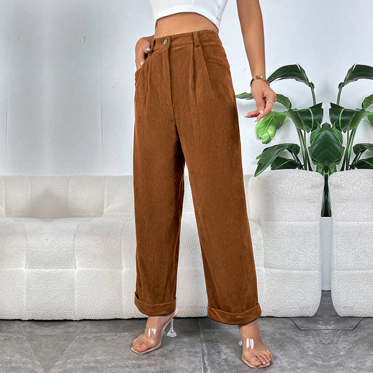 Damen hochgeschnittene Cordhose mit weitem Bein, Bundfalten und umgeschlagenem Saum Shop Nory