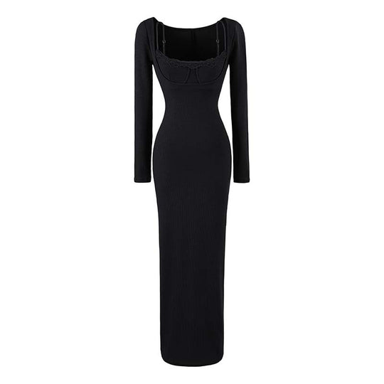 Damen Figurbetontes Maxi-Kleid mit Korsett-Detail, Rippstrick und langen Ärmeln Shop Nory