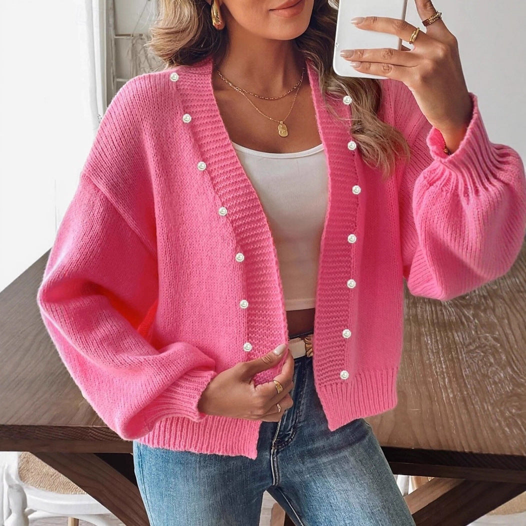Damen Strickjacke mit dekorativen Perlenknöpfen und weitem Schnitt