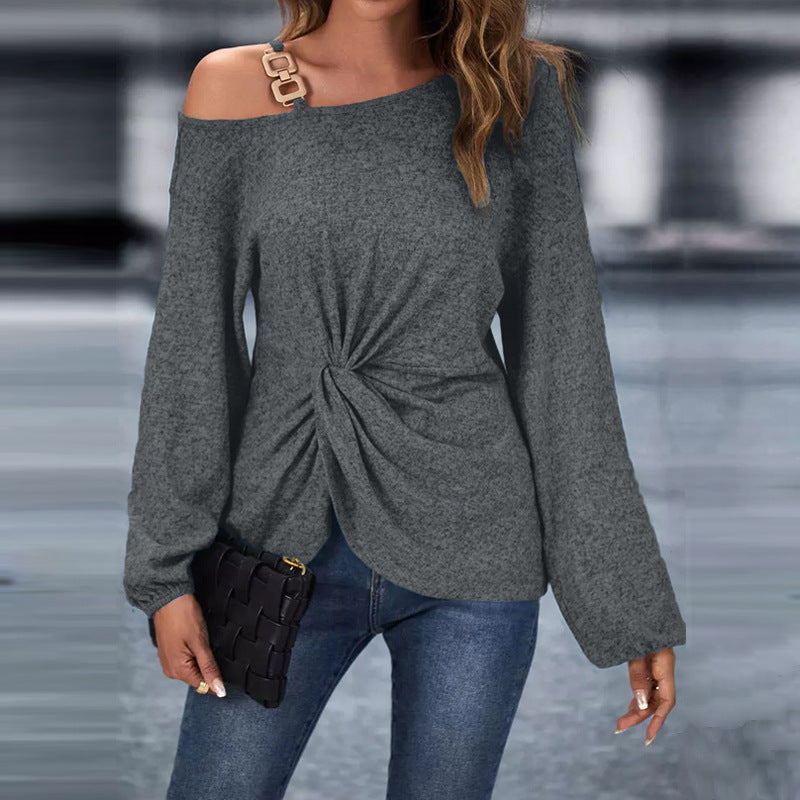 Damen asymmetrischer schulterfreier Strickpullover mit Zierkettenträger und vorn gedrehtem Knoten Shop Nory