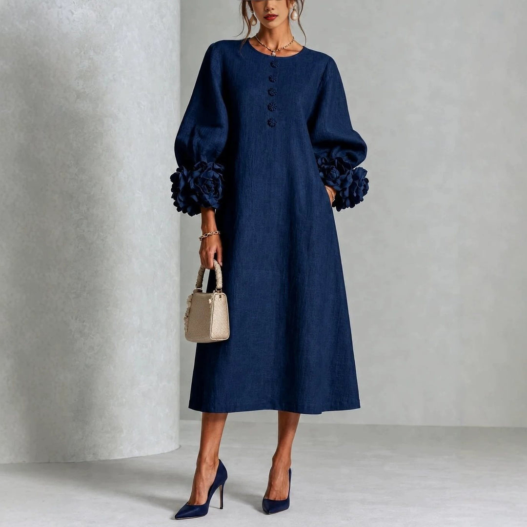 Damen Midikleid aus Leinen mit Ballonärmeln und 3D-Blütenmanschetten Shop Nory