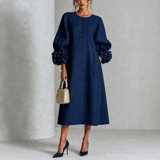 Damen Midikleid aus Leinen mit Ballonärmeln und 3D-Blütenmanschetten Shop Nory