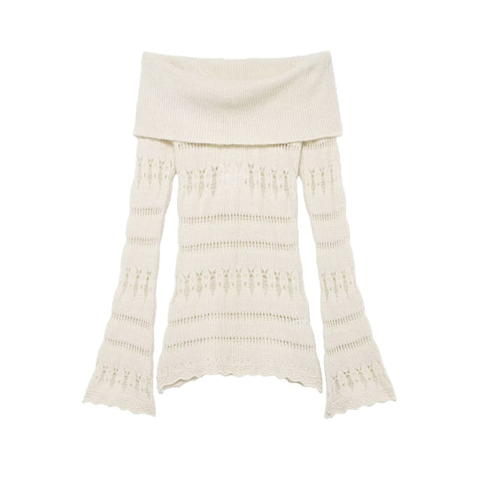 Damen Off-Shoulder Feinstrickpullover mit überfallendem Rollkragen und Trompetenärmeln Shop Nory