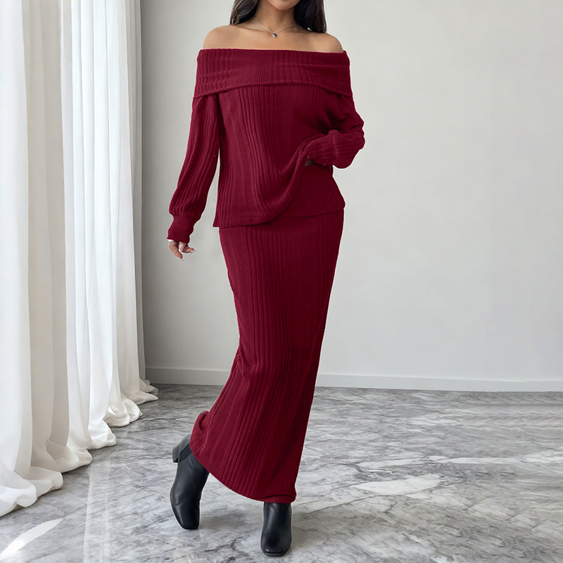 Damen Schulterfreies Rippstrick-Set mit Off-Shoulder-Oberteil und figurbetontem Maxirock Shop Nory