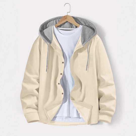 Herren nan leichtes Utility-Hoodie-Überhemd mit Kontrastkapuze, Knopfleiste und Brusttasche Shop Nory