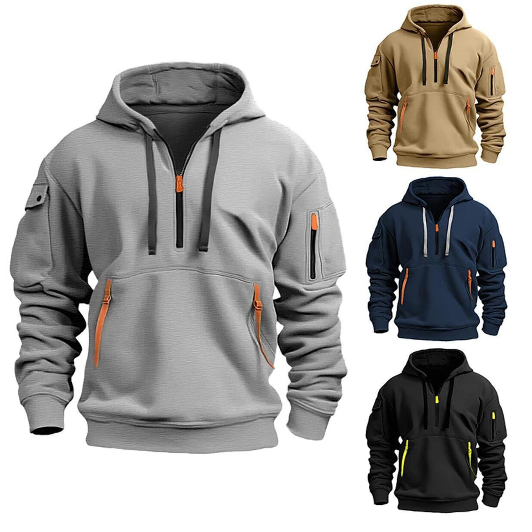 Herren nan funktionaler Kapuzenpullover mit halbem Reißverschluss, verschließbaren Taschen und Ärmel-Tasche Shop Nory