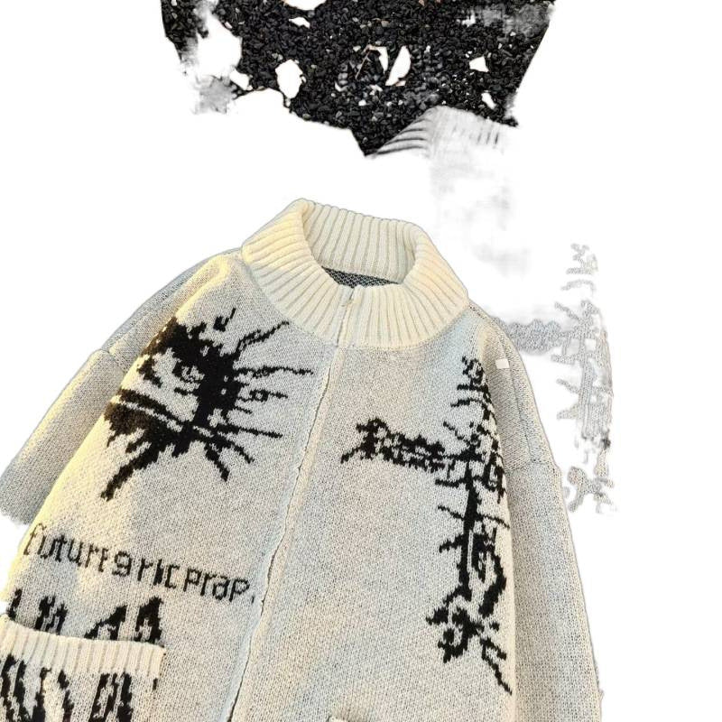 Unisex Grobgestrickte Zip‑Strickjacke mit hohem Rippenkragen, Jacquardmuster und aufgesetzten Taschen Shop Nory