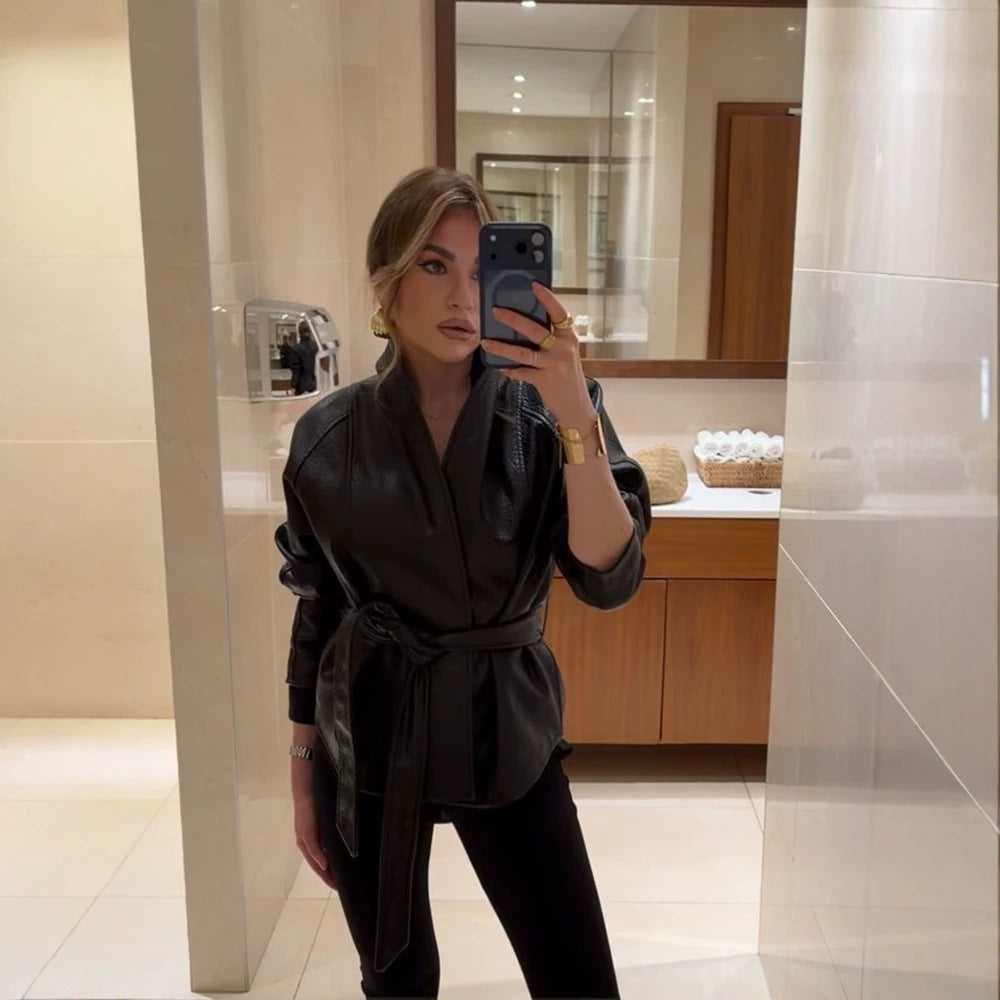 Damen Taillierte Lederjacke mit Wickelgürtel und Kimono-Kragen Shop Nory