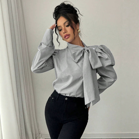 Damen Popeline-Bluse mit Stehkragen, großem Schleifenband und Ballonärmeln Shop Nory