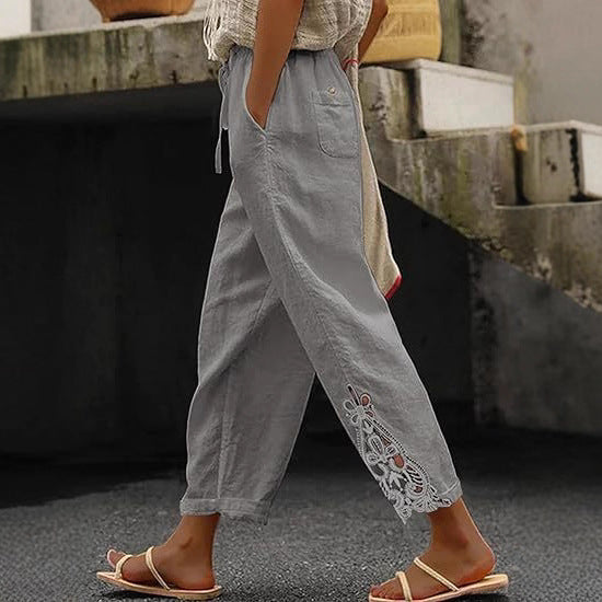 Damen luftige Leinenhose mit dekorativen Stickereien