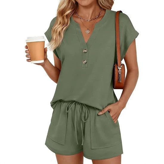 Damen Lässiges zweiteiliges Lounge-Set mit Knopfleiste, Kordelzugshorts und Eingrifftaschen Shop Nory