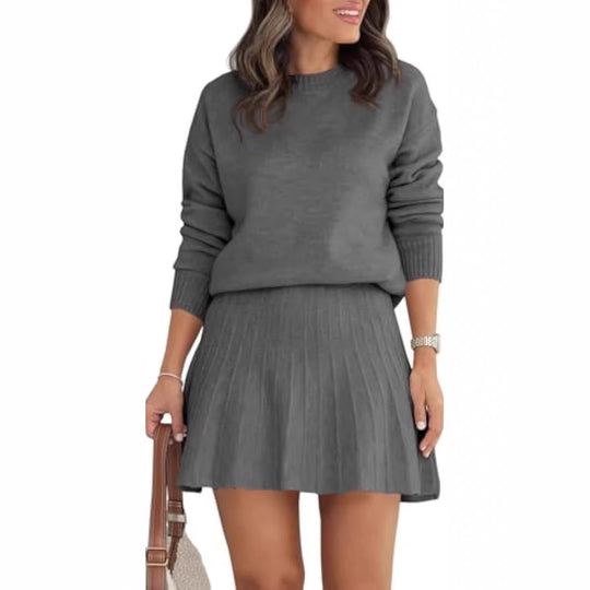 Damen Zweiteiliges Strick-Set mit Rundhals-Pullover und Plissée-Minirock Shop Nory