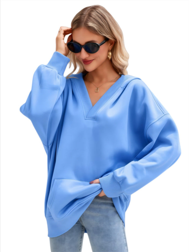 Damen Oversize V-Ausschnitt Hoodie mit Kapuze, Kängurutasche und verlängertem Saum Shop Nory