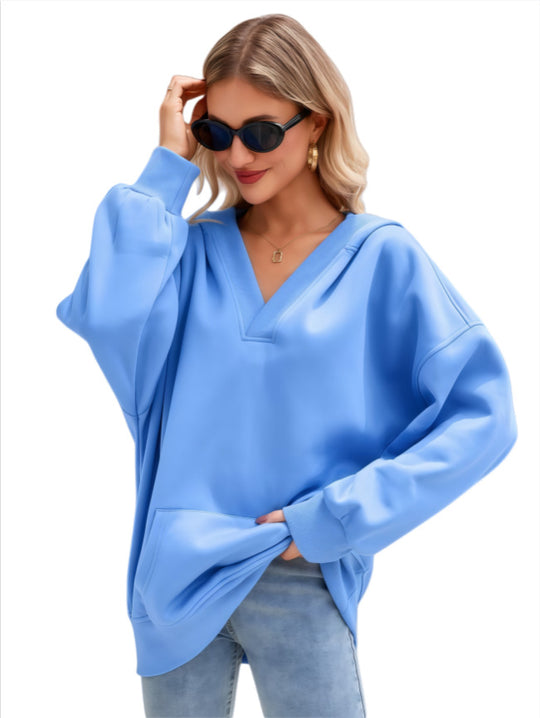 Damen Oversize V-Ausschnitt Hoodie mit Kapuze, Kängurutasche und verlängertem Saum Shop Nory
