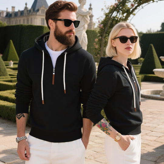 Herren nan minimalistischer Soft‑Fleece Halbzip‑Hoodie mit Lederzipper und Kordelzug Shop Nory