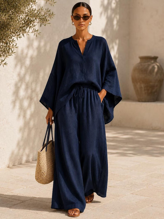 Damen Leichte Leinenmischung Übergroße Kaftan-Oberteil und Kordelzug Weitbein-Hosen Set Shop Nory