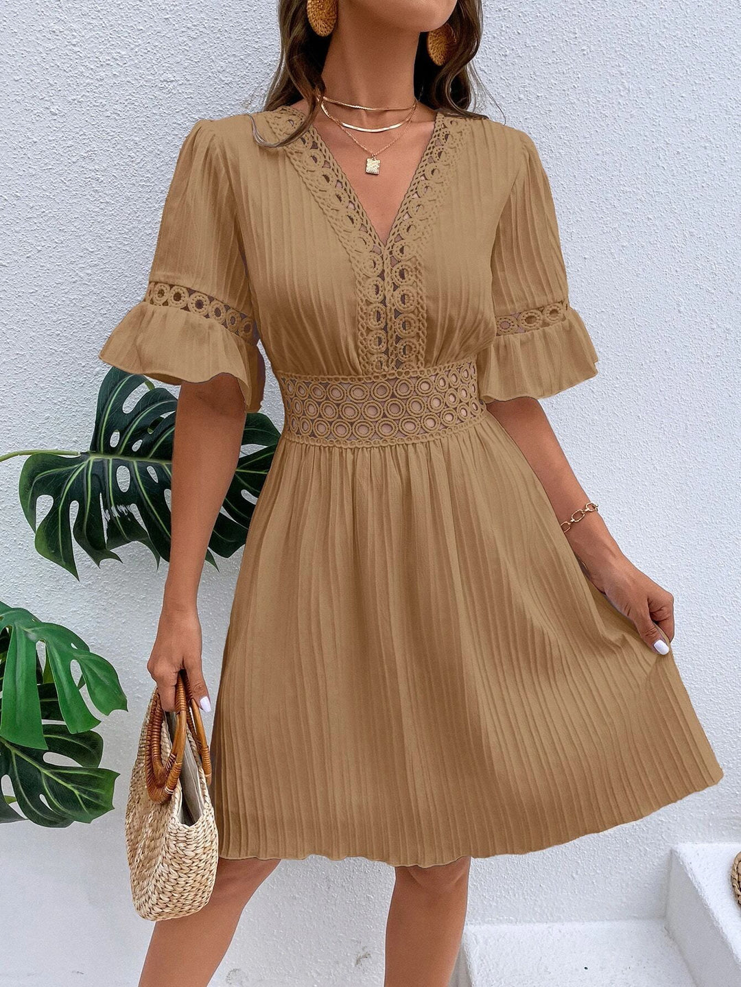 Damen Midikleid mit Plissee, Spitzeneinsatz in der Taille und Volantärmeln Shop Nory