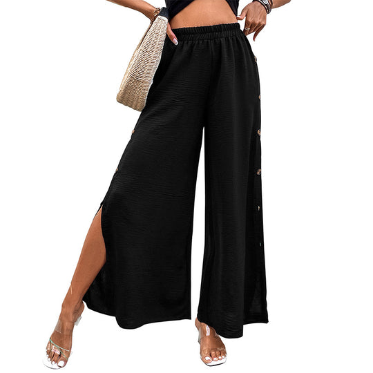 Damen Weite Palazzo-Hose mit elastischem Bund, Seitenschlitz und Zierknopfleiste Shop Nory