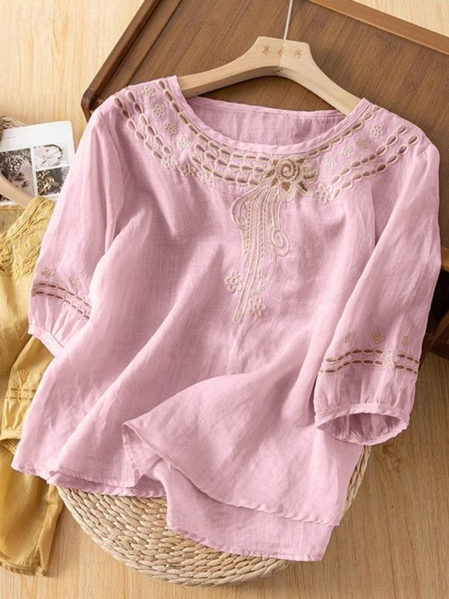 Damen Bestickte Leinenoptik-Bluse mit Rundhalsausschnitt und Dreiviertelärmeln Shop Nory