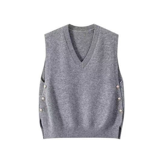 Damen Ärmellose Feinstrick‑Weste mit V‑Ausschnitt und seitlicher Knopfleiste Shop Nory