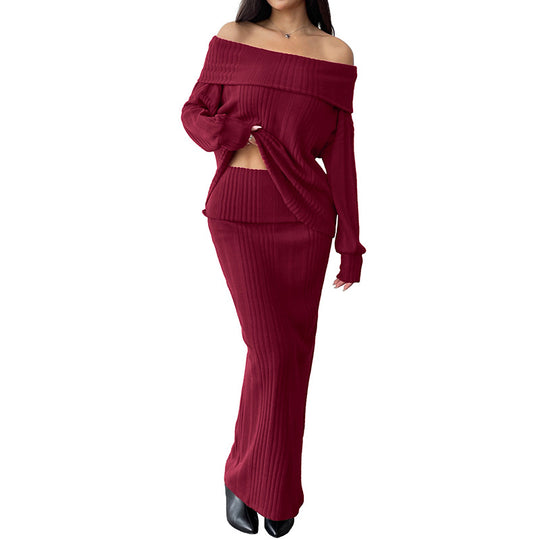 Damen Schulterfreies Rippstrick-Set mit Off-Shoulder-Oberteil und figurbetontem Maxirock Shop Nory