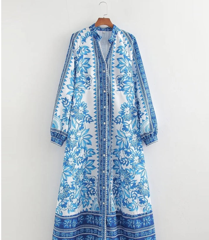 Damen Maxi-Kleid im Boho-Hemdstil mit Stehkragen und durchgehender Knopfleiste Shop Nory