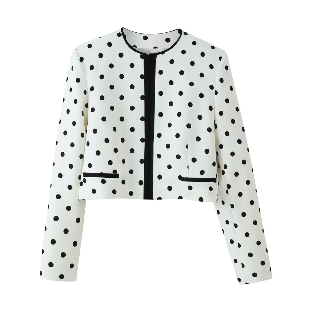Damen Kurzblazer im Punkte-Design mit schwarzer Kontrastpaspel und Rundhalsausschnitt Shop Nory