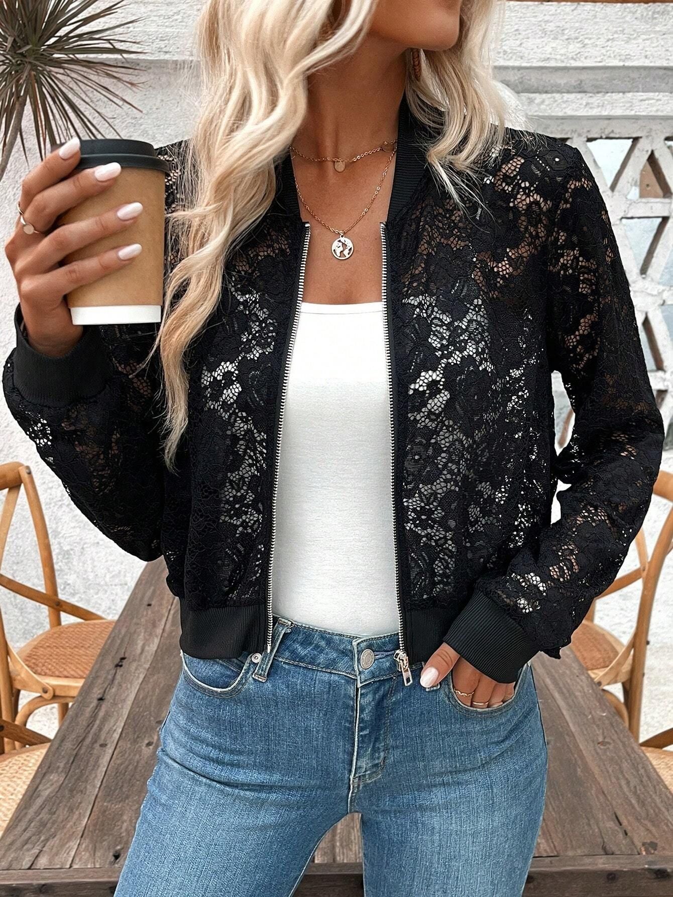 Damen Spitzenoptik Bomberjacke