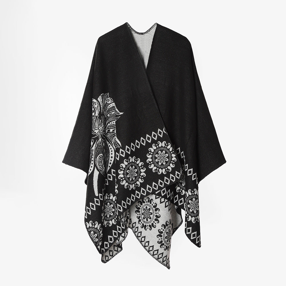 Damen Poncho‑Cape mit zweifarbiger Webstruktur, floralem Medaillon‑Jacquard und offener Front Shop Nory