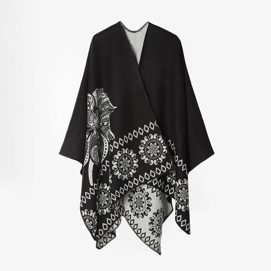 Damen Poncho‑Cape mit zweifarbiger Webstruktur, floralem Medaillon‑Jacquard und offener Front Shop Nory