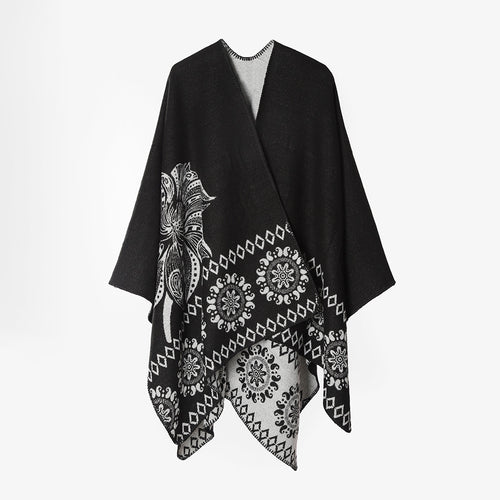 Damen Poncho‑Cape mit zweifarbiger Webstruktur, floralem Medaillon‑Jacquard und offener Front Shop Nory