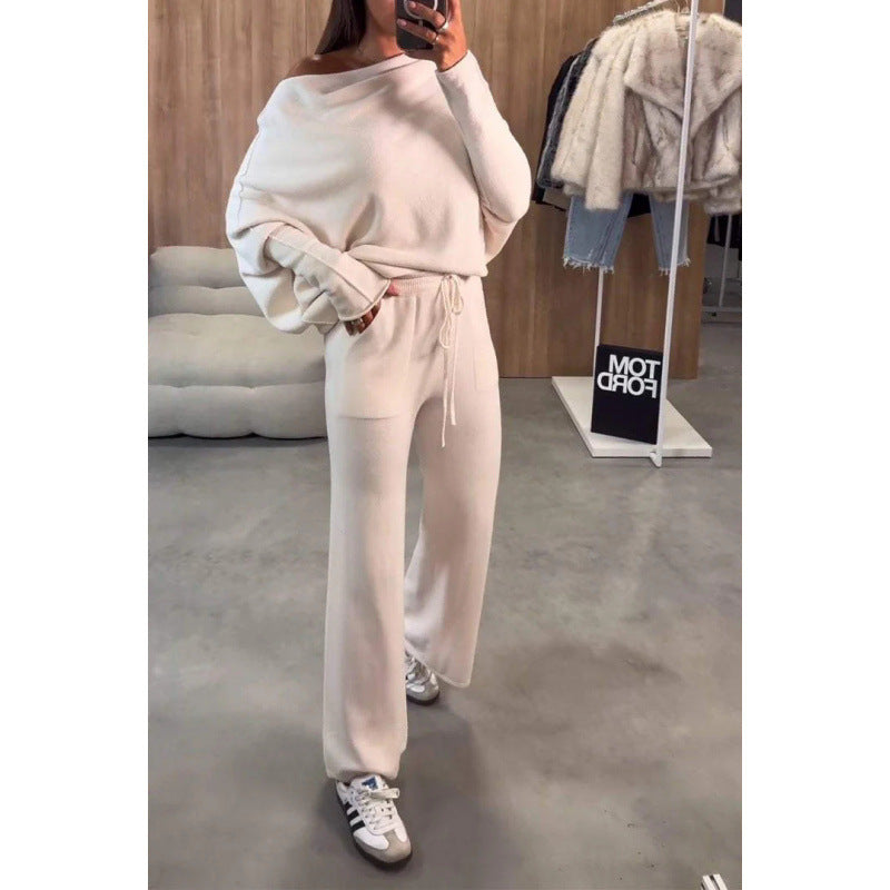 Damen Strick-Loungewear-Set mit Oversize-Schulter, weitem Bein und Kordelzug Shop Nory