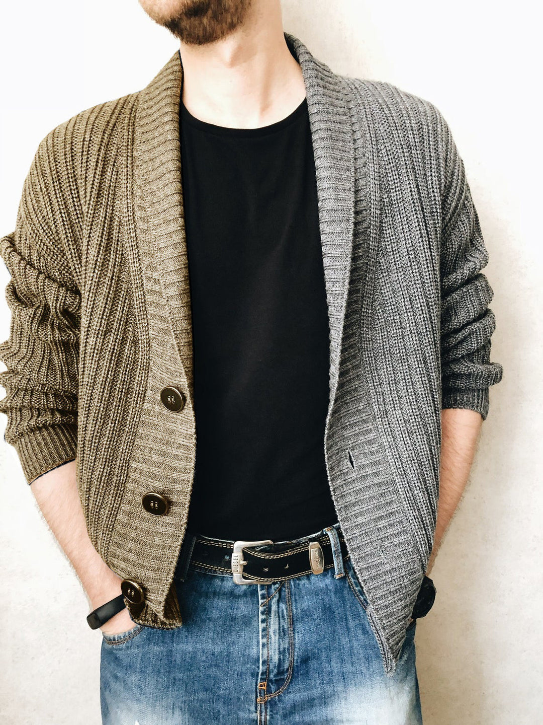 Herren Grobstrick-Cardigan mit Schalkragen, Rippstruktur und markanten Knöpfen Shop Nory