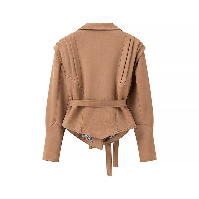 Damen Wildleder‑Wickeljacke mit Taillengürtel und strukturierten Schulterdetails Shop Nory