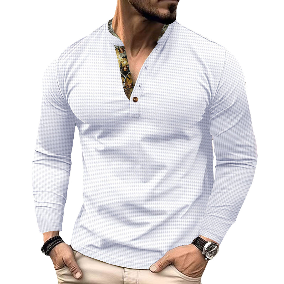 Herren nan langärmeliges Henley-Shirt mit Stehkragen und gemustertem Knopfleistenbesatz Shop Nory