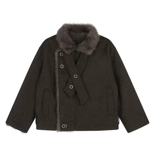 Damen Kurz geschnittene Wolljacke mit Kunstfellbesatz und asymmetrischer Knopfleiste Shop Nory