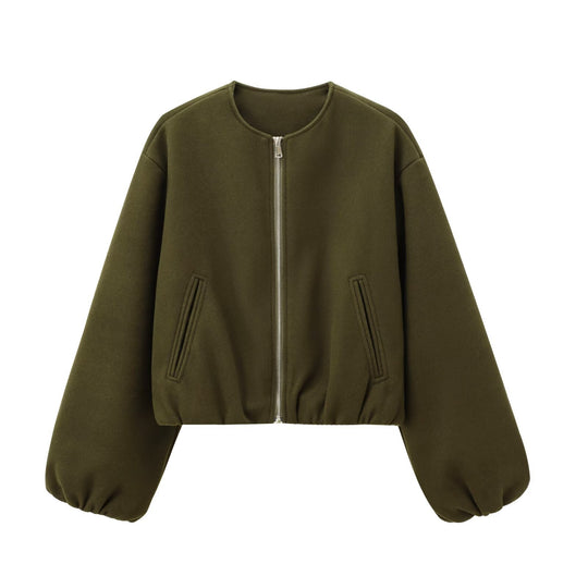 Damen Kurzer Wollmix-Bomber mit Rundhalsausschnitt, Reißverschluss und Ballonärmeln Shop Nory