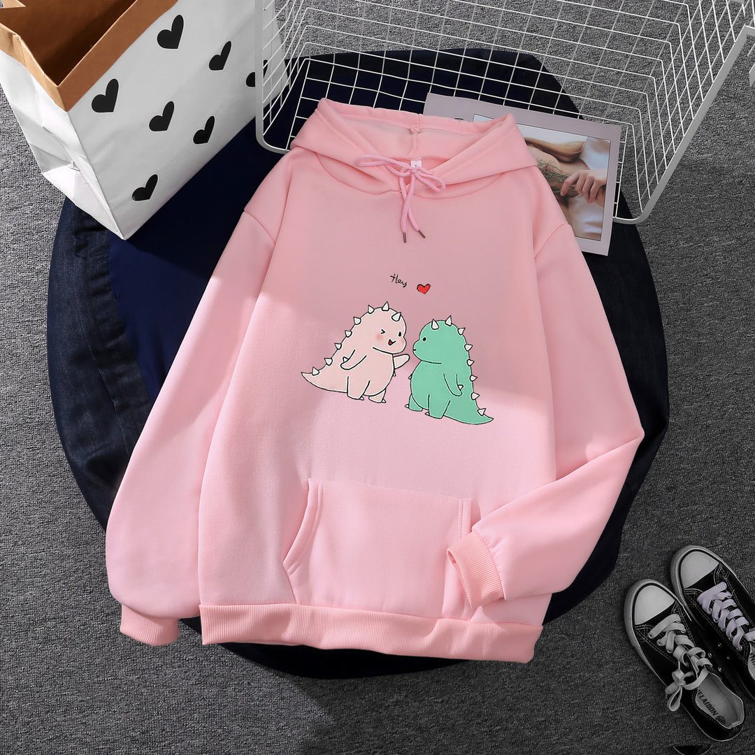 Damen nan Kapuzenpullover mit niedlicher Dinosaurierpärchen‑Illustration, Oversize‑Schnitt und Kängurutasche Shop Nory