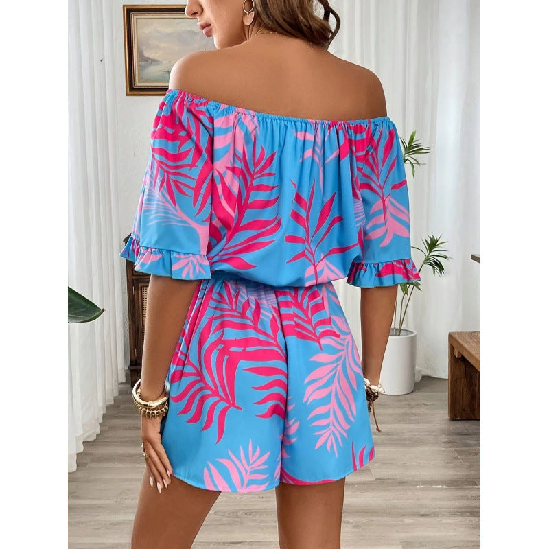 Damen Off-Shoulder Jumpsuit mit floralem Design und elastischem Bund