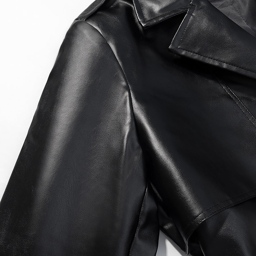 Damen Langer Kunstleder-Trenchcoat mit Taillengürtel und Epauletten Shop Nory