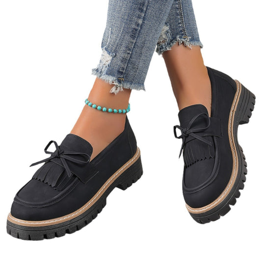 Damen modische Fransen-Loafer mit dekorativer Schleife und grober Profilsohle Shop Nory