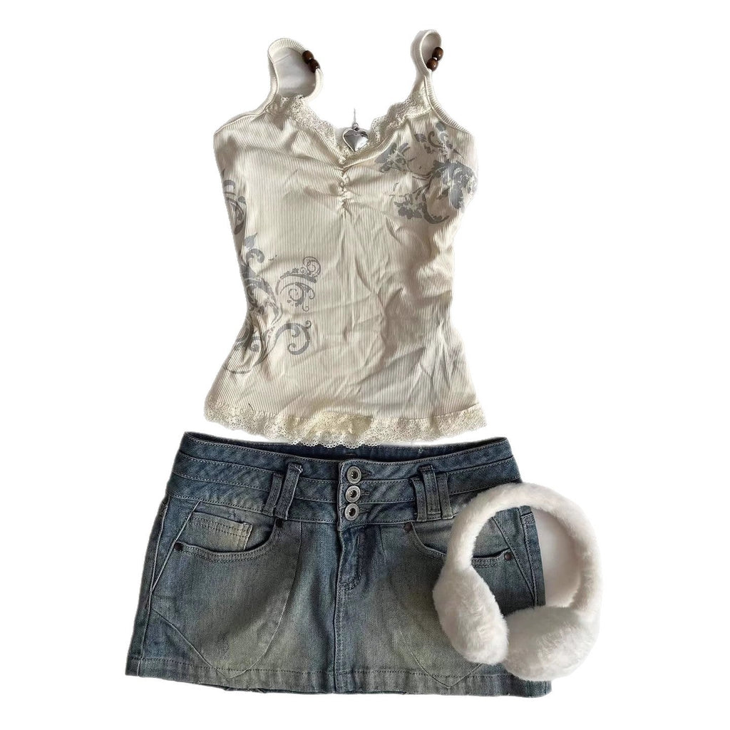 Damen Verspieltes Spaghetti-Träger Top mit Spitzendetails Shopnory