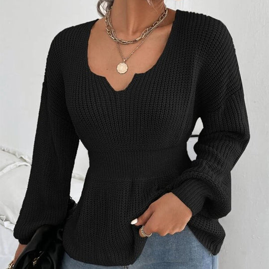 Damen Taillierter Feinstrickpullover mit eingekerbtem V-Ausschnitt, taillenbetonter Rippzone und Ballonärmeln Shop Nory