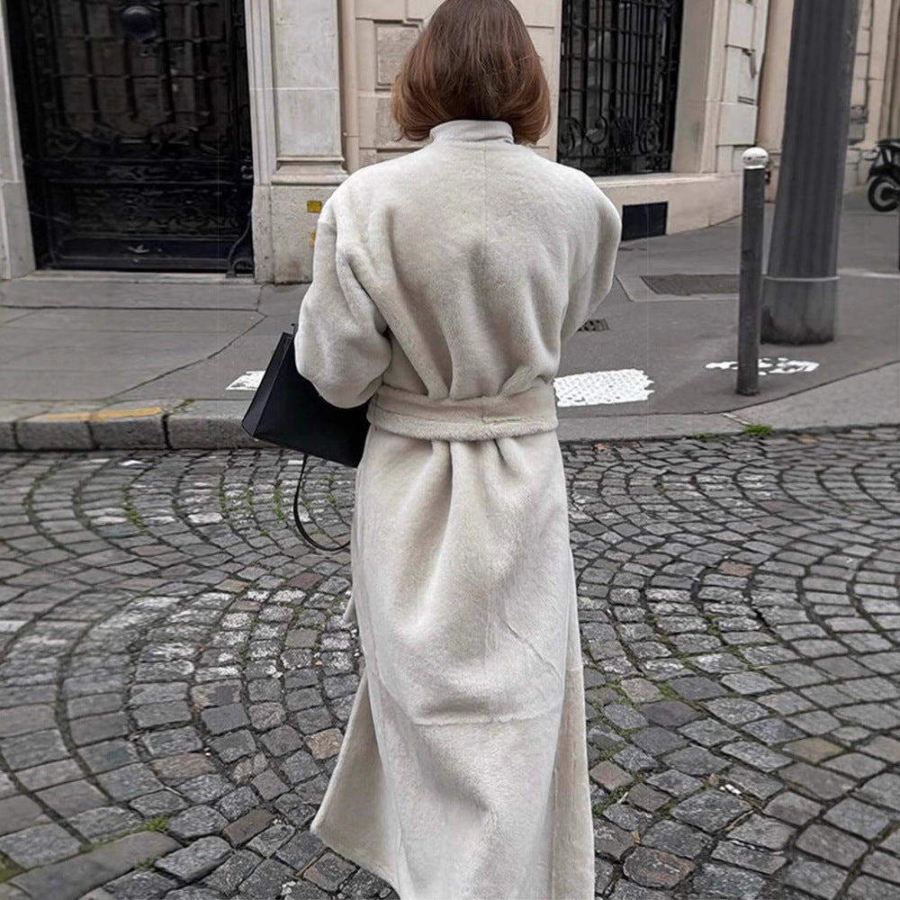 Damen Oversize Langer Kunstfell-Mantel mit Taillengürtel und Stehkragen Shop Nory