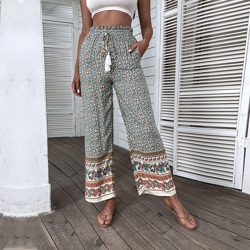 Damen Leichte Boho-Hose mit weitem Bein, elastischem Bund, Quasten-Kordel und Bordürendruck Shop Nory