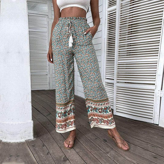 Damen Leichte Boho-Hose mit weitem Bein, elastischem Bund, Quasten-Kordel und Bordürendruck Shop Nory