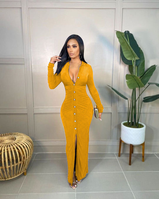 Damen Figurbetontes Maxikleid mit Knopfleiste, Raffung und tiefem V-Ausschnitt Shop Nory